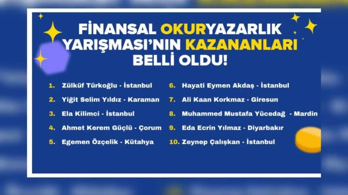  “Finansal Okuryazarlık “ Online Bilgi Yarışması’nda 9/B sınıfı Öğrencimiz Yiğit Selim YILDIZ  Türkiye 2. si Olarak  Ödül Almaya Hak Kazandı.